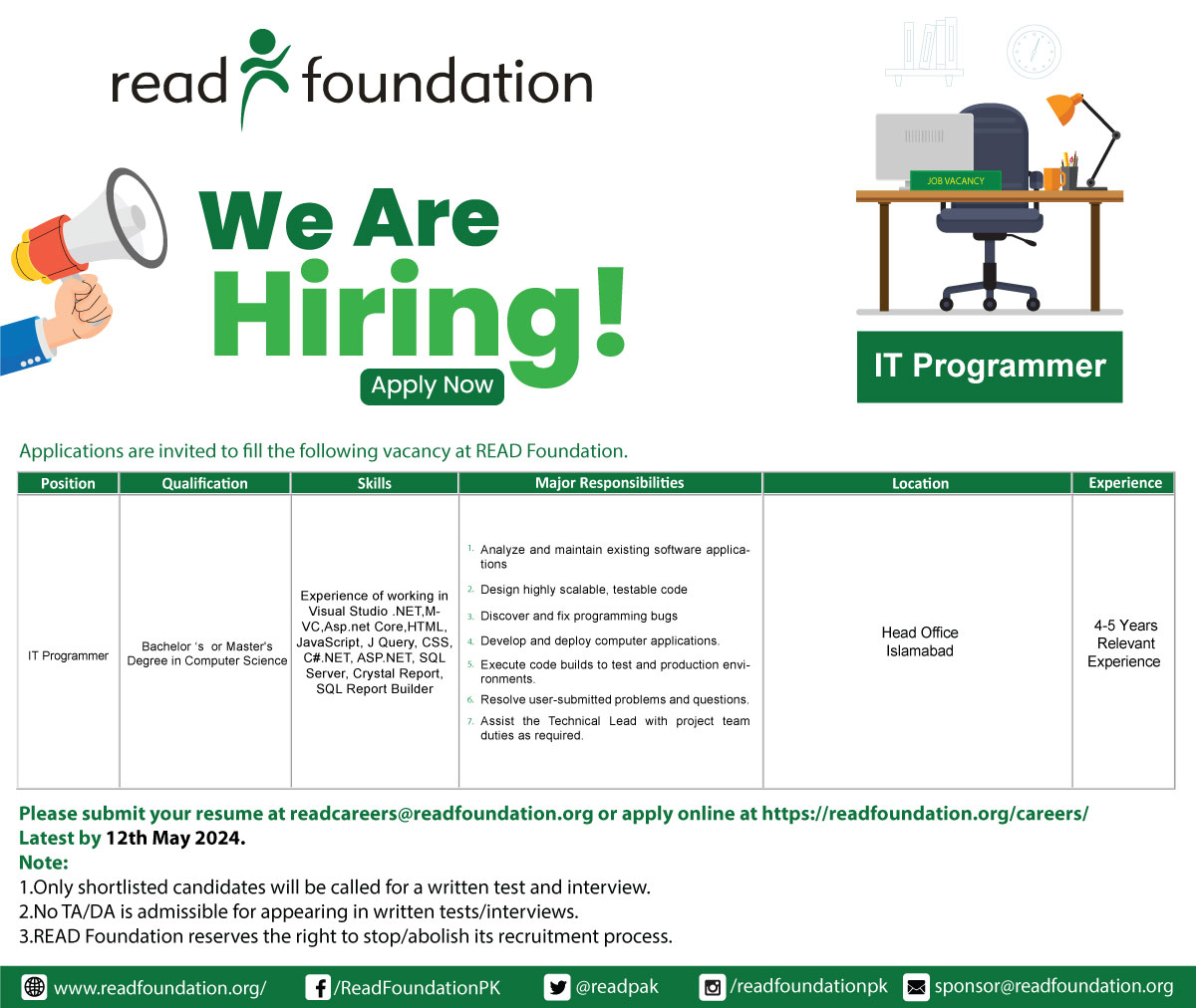Job Alert!!! Elevate your career with us. We're on the hunt for talent, if that's you, send in your application now! Please apply at the given link: readfoundation.org/careers/ (For any queries, please get in touch with us at +92 051 8482157 during office hours). #READFoundation