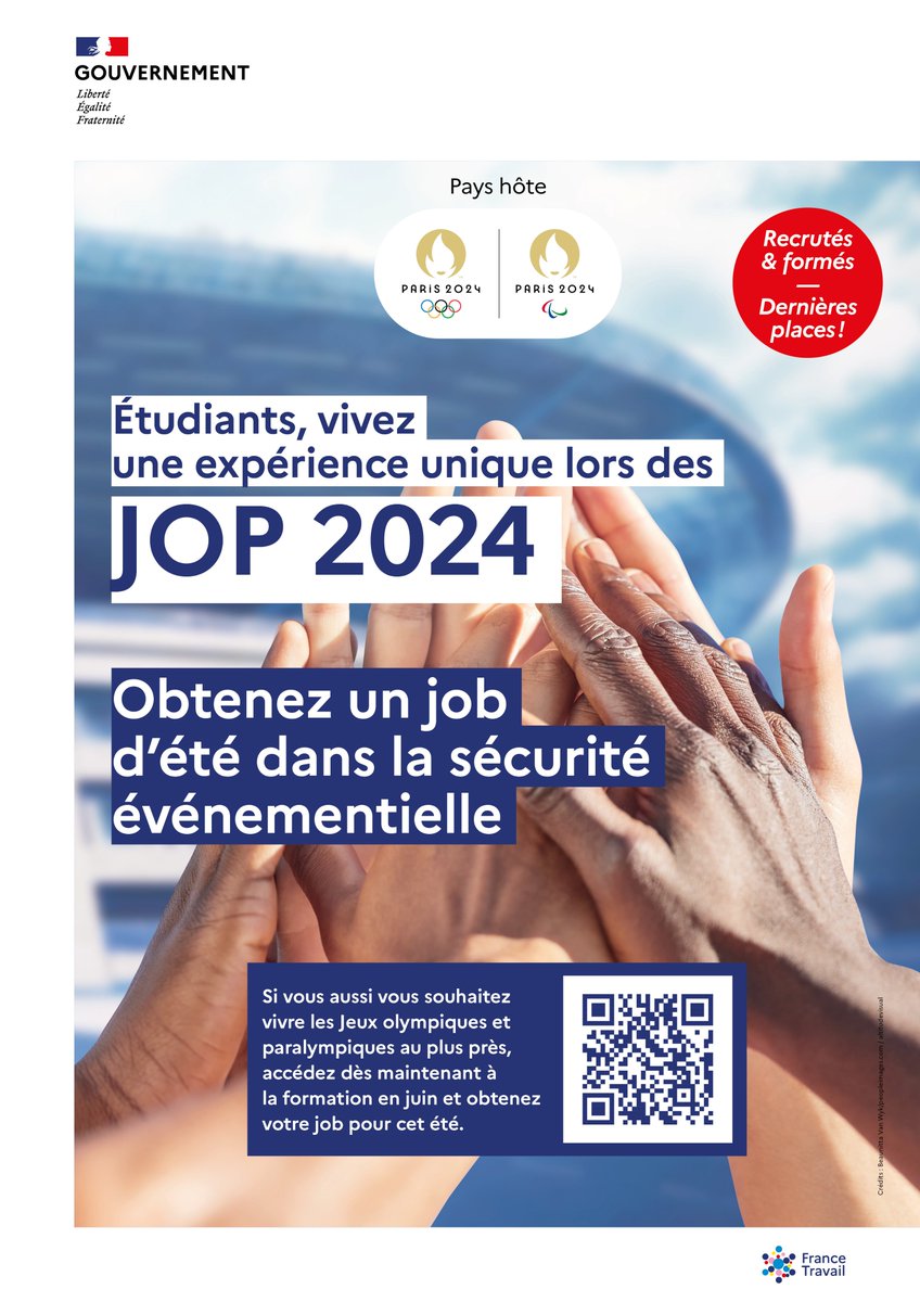 Rejoignez l'équipe pour les #JOP2024 ! 🏅🎉 L'État recrute 3 000 étudiants et jeunes de plus de 18 ans en juin 2024 dans la sécurité privée et l' événementielle. Plus d'infos 🔗 urlz.fr/qwmN