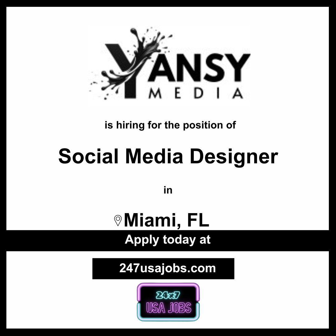 🎨✨ Calling all creative minds! Yansy Media is hiring a Social Media Designer in Miami, FL. If you have a knack for design and a passion for social media, apply now and let your creativity shine! #SocialMediaDesigner #MiamiFL #YansyMedia