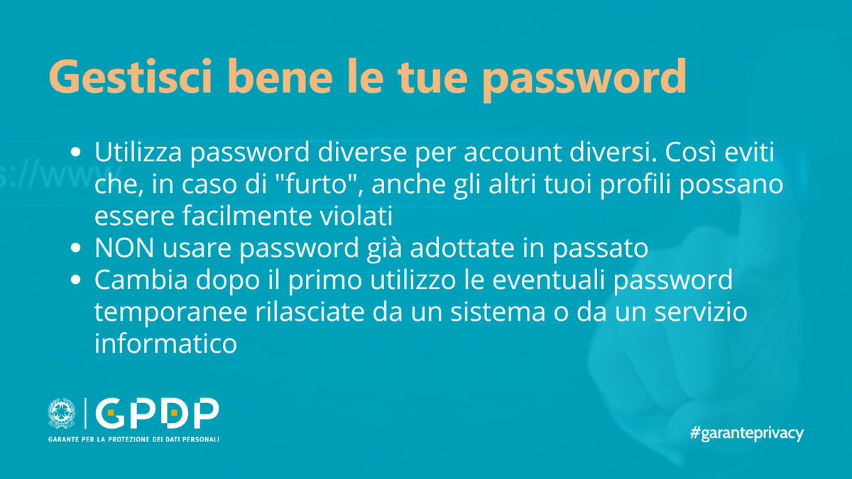 #WorldPasswordDay Impostare #password sicure e gestirle in modo accorto: pochi e semplici suggerimenti per la sicurezza dei dispositivi e dei servizi digitali che utilizziamo ogni giorno. La scheda del #GarantePrivacy ➡️ gpdp.it/temi/cybersecu…