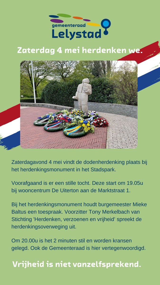 Vrijheid is niet vanzelfsprekend. 4 mei Dodenherdenking. #programma #dodenherdenking #4mei #4meidodenherdenking #lelystad #gemeenteraad @gem_Lelystad