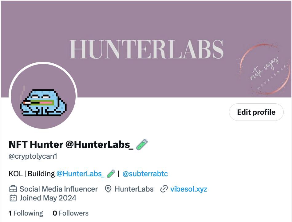 Hunter Labs πΈ (@hunterlabs_) on Twitter photo Follow NFT Hunter alt <a href="/cryptolycan1/">NFT Hunter @HunterLabs_ π§ͺ</a>
this account will be used till he gets back old one Follow NFT Hunter alt <a href="/cryptolycan1/">NFT Hunter @HunterLabs_ π§ͺ</a>
this account will be used till he gets back old one