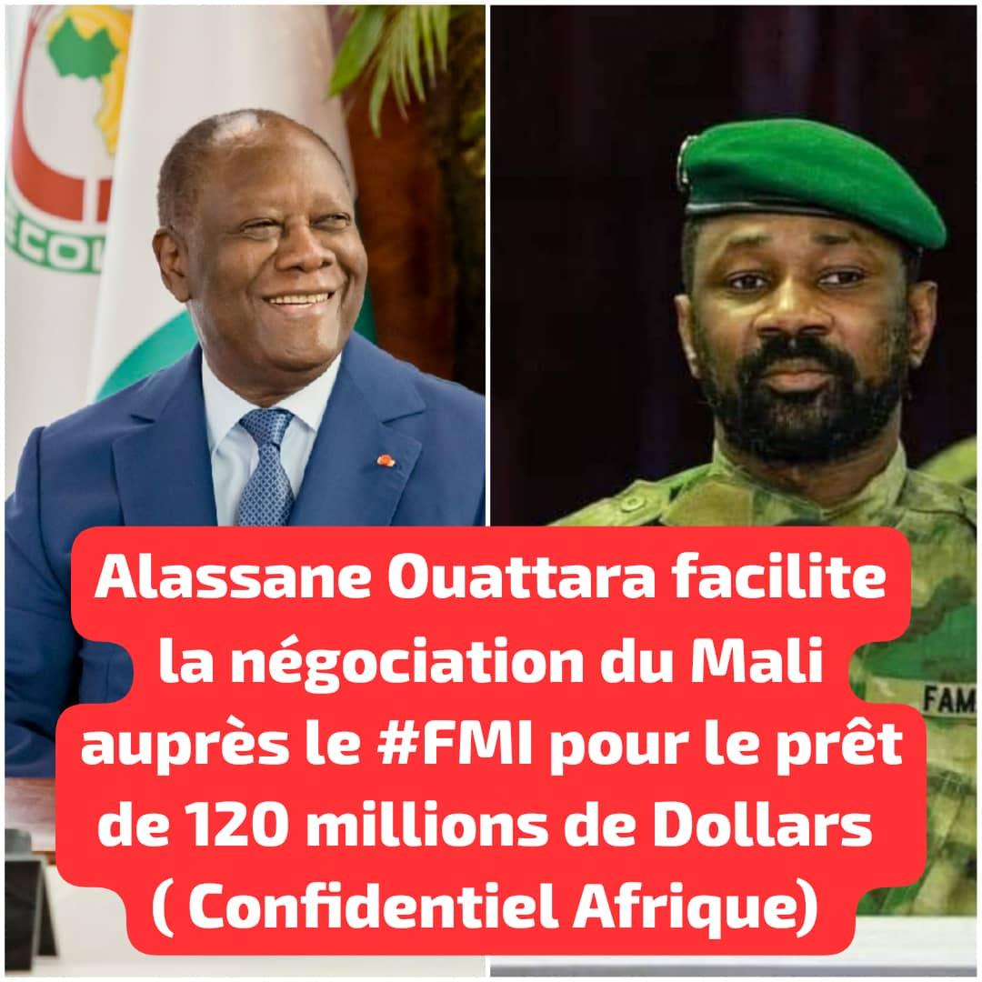 Grâce à SEM @AOuattara_PRCI, le FMI est venu au secours du #Mali qui éprouve des difficultés à trouver de l'argent sur les marchés financiers et ce à hauteur de 120 millions de dollars. Rappelons-le l'état malien a échoué par 2 fois pour mobiliser des fonds au niveau de l'Uemoa.