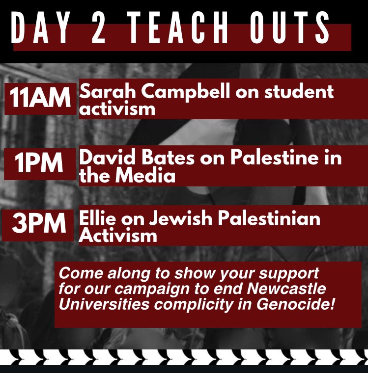 DAY TWO: We have an amazing line up of events and teach outs running throughout the day. Please feel free to pop in and out and make sure to come along to our rally at 5PM and our very special DJ set from the amazing Palestinian DJ Omar at 6PM!