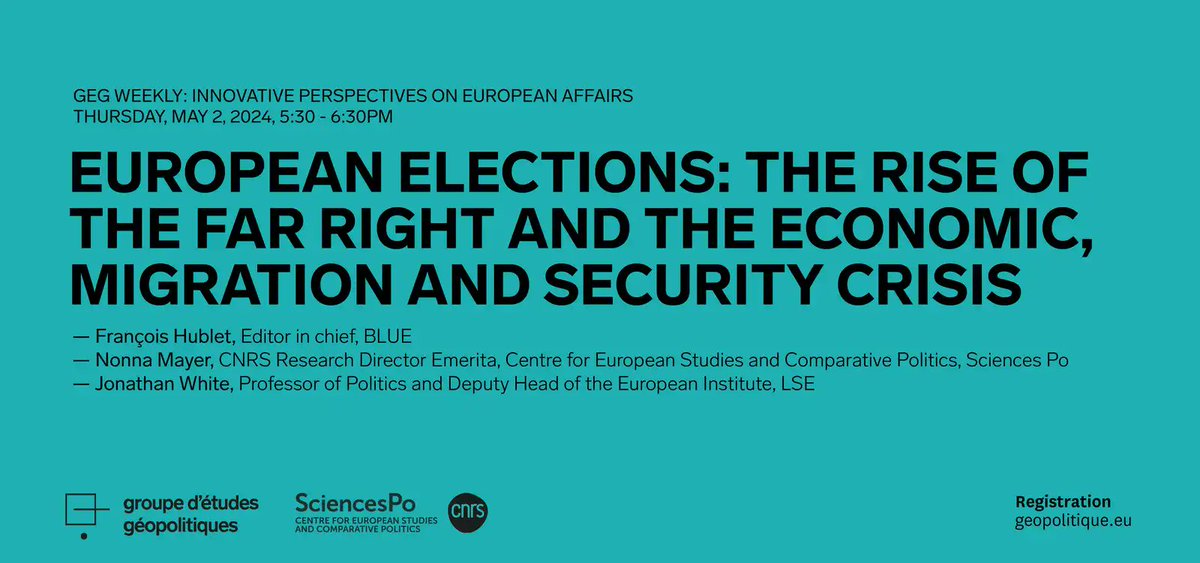 Today 5:30-6:30 @SciencesPo_CEE EUROPEAN ELECTIONS: THE RISE OF THE FAR RIGHT AND THE ECONOMIC, MIGRATION AND SECURITY CRISIS • @FHublet @BLUE_GEG_org • Nonna Mayer @sciencespo • @JonathanPJWhite @LSEnews Register to attend online: sciencespo.fr/fr/evenements/…