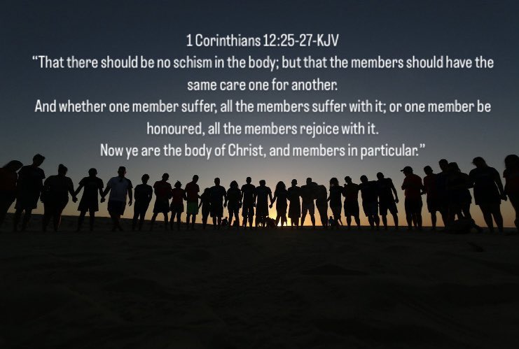 1 Corinthians 12:26-KJV “And whether one member suffer, all the members suffer with it; or one member be honoured, all the members rejoice with it.” Have a blessed day everyone 🥰