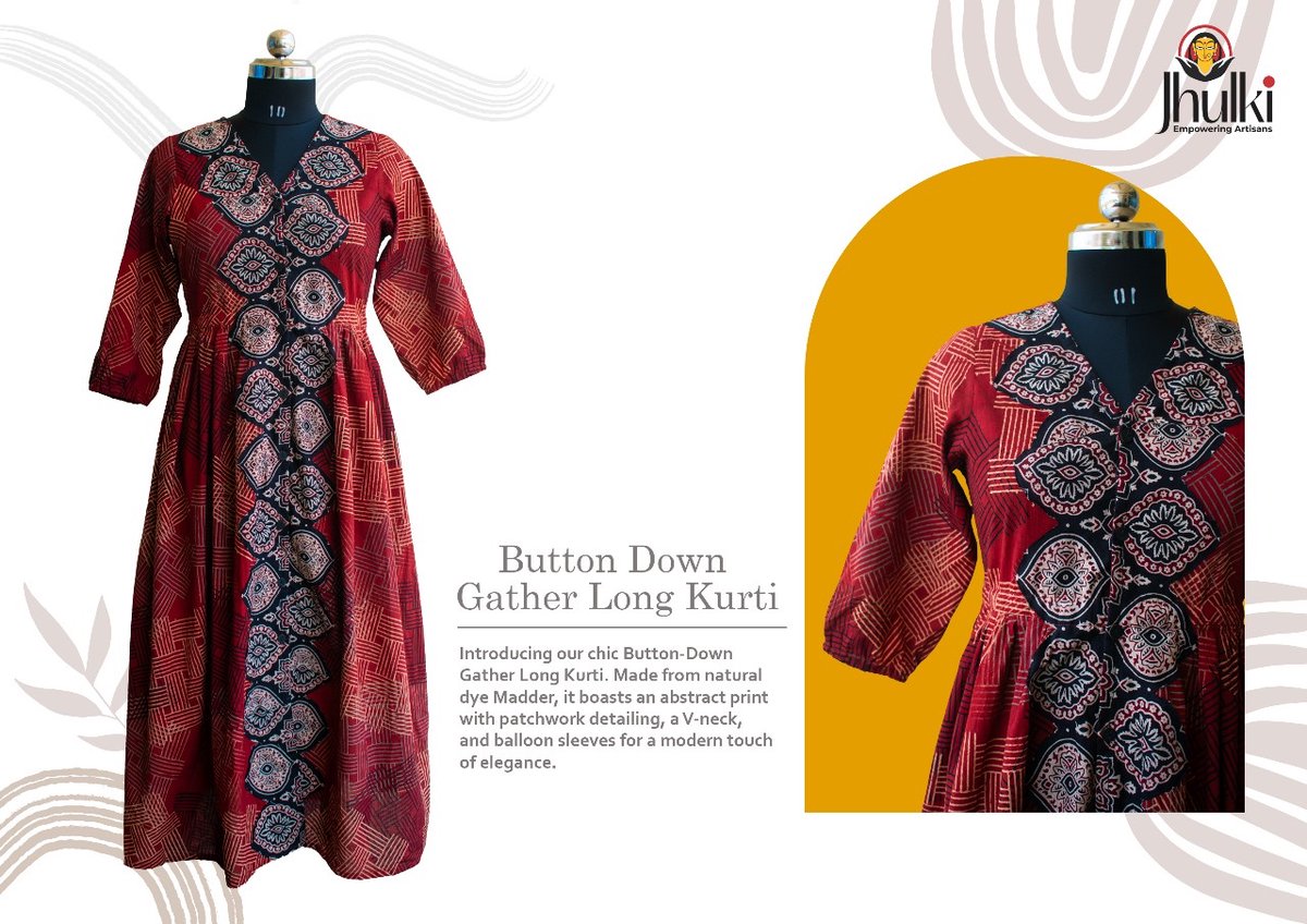 Still wearing boring clothes? Elevate your style with Jhulki.✨🤩 Introducing our latest creation: the Button Down Gather Long Kurti. Crafted from natural dye Madder, adorned with abstract print and patchwork detailing. Slay in elegance, style with Jhulki💃🏻