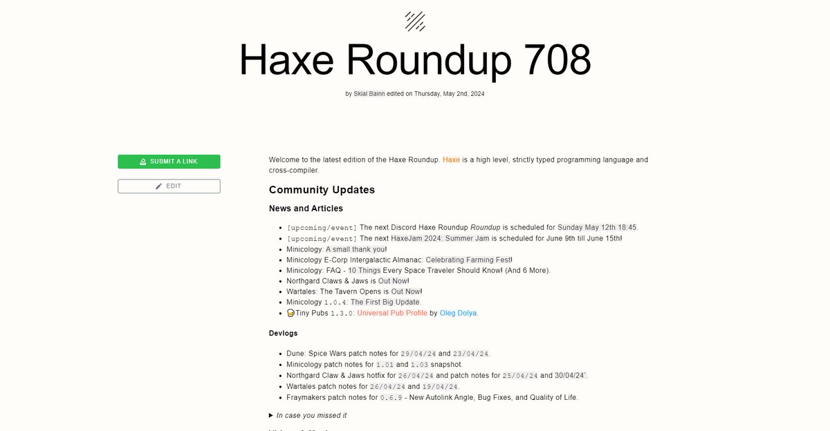 #Haxe Roundup 708 haxe.io/roundups/708/ is out!

The latest articles, devlogs and video tutorials! 📰

The latest library releases, open source updates and core progress! 💻

Plus lots more developements from the community over the last two weeks! 🔥
