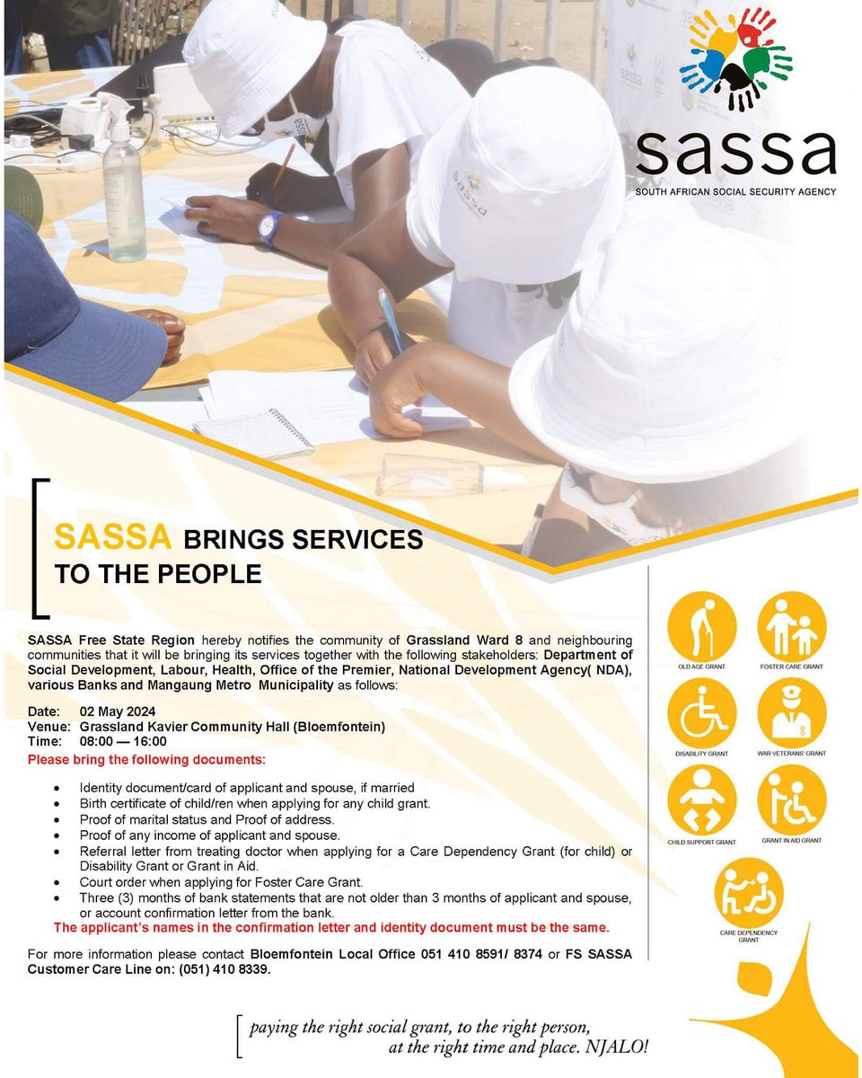 Join us today at Grassland Community Hall in Bloemfontein, Free State Province. SASSA,in collaboration with various stakeholders, is providing services to the community of Grassland and surrounding areas. Ms Lebo Maphasa Manager: Communication and Marketing, SASSA Free State…