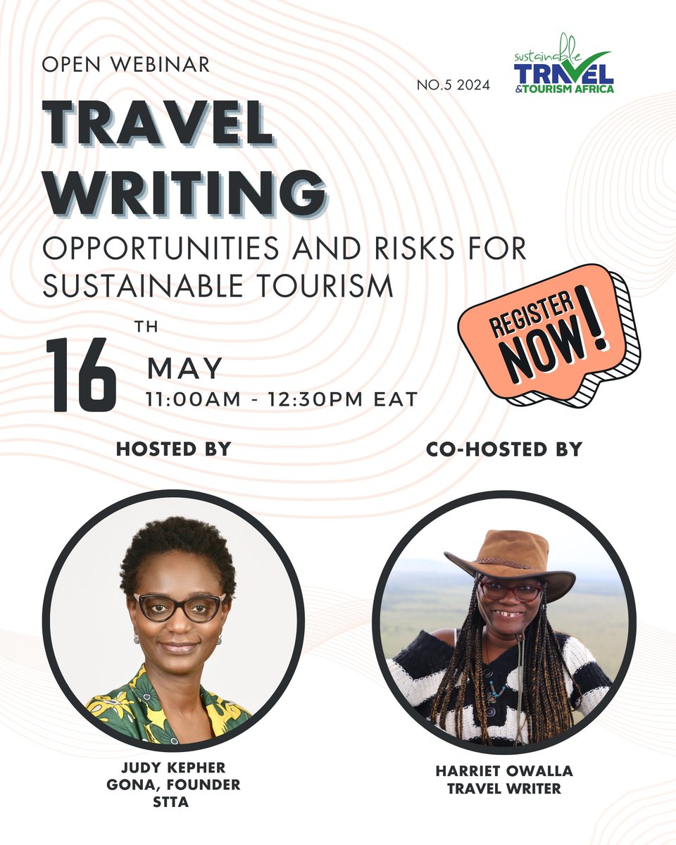 Webinar Alert! Join us for our 5th open webinar series of the year on May 16th, 2024, from 11:00 AM to 12:30 PM exploring Travel Writing for Sustainable Tourism. Register to participate docs.google.com/forms/d/1rdPCI…