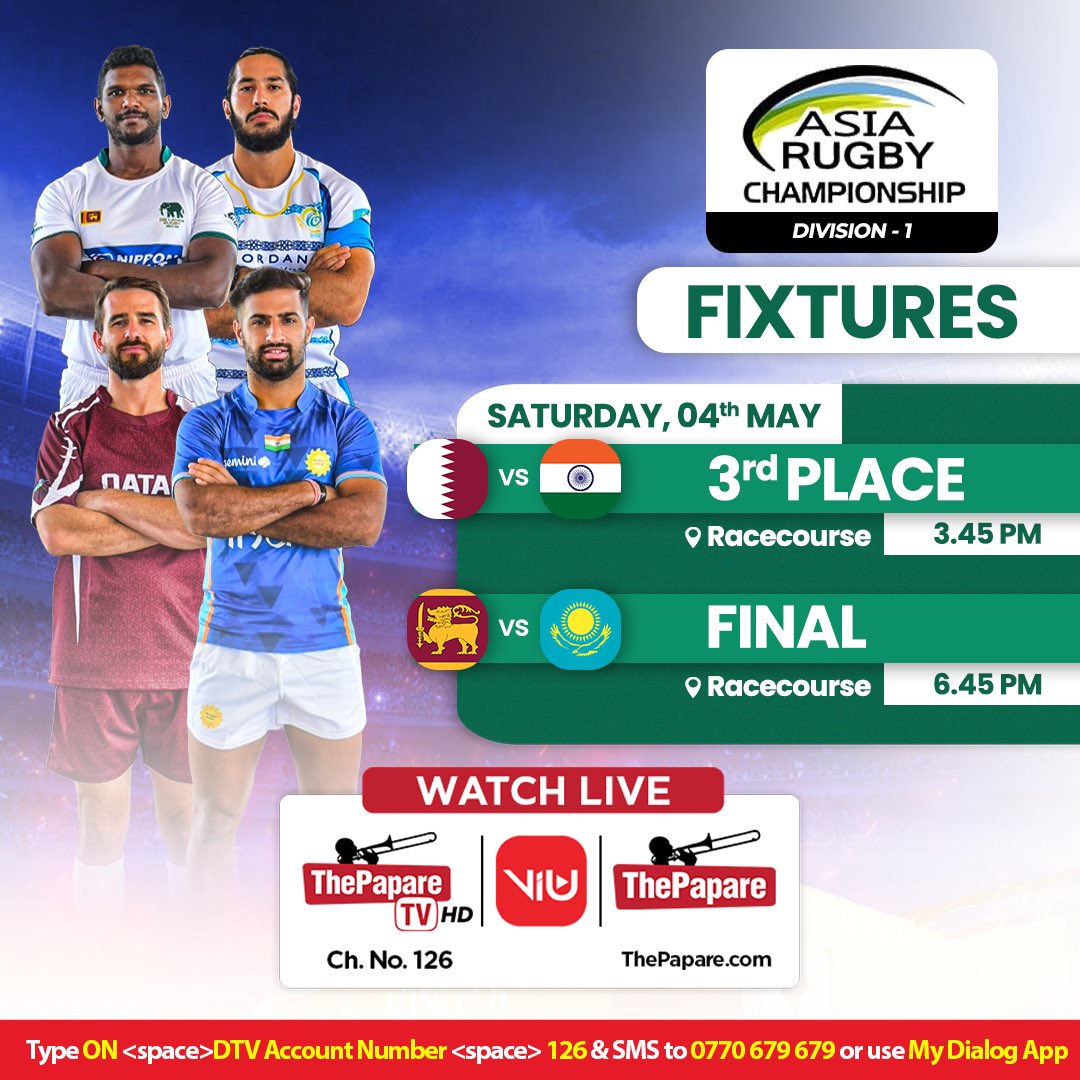 Will the hosts, Tuskers bag the trophy against the bulky Kazakhs? Will Qataris overcome the Indian challenge? Watch LIVE action of the 3rd Place Play-off and the Final of the Asia Rugby Men’s Division 1 Tournament 2024 on the 4th of May from Sri Lanka’s No.1 Sports Channel