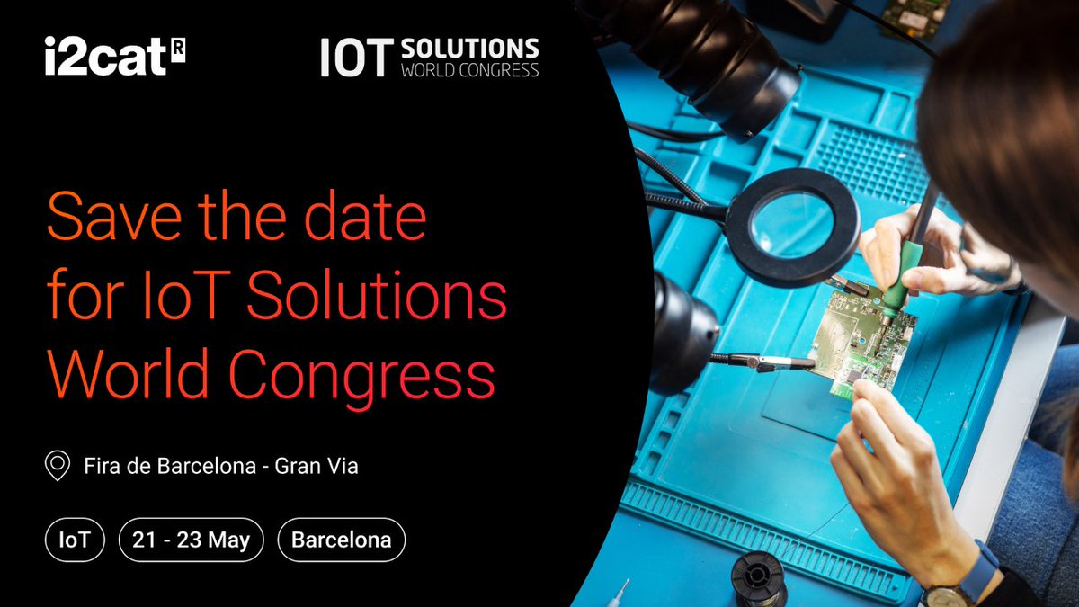 📣 #SaveTheDate!
📆 21-23/05

⚙️ #i2CAT will have a stand at the @IOTSWC 2024! If you wish to know more about the #IoTProjects developed at our centre and how our #IoT research can help your company, visit us

🦾 You will find us at @BcnCyberCon, too!

ℹ️ i2cat.net/#home