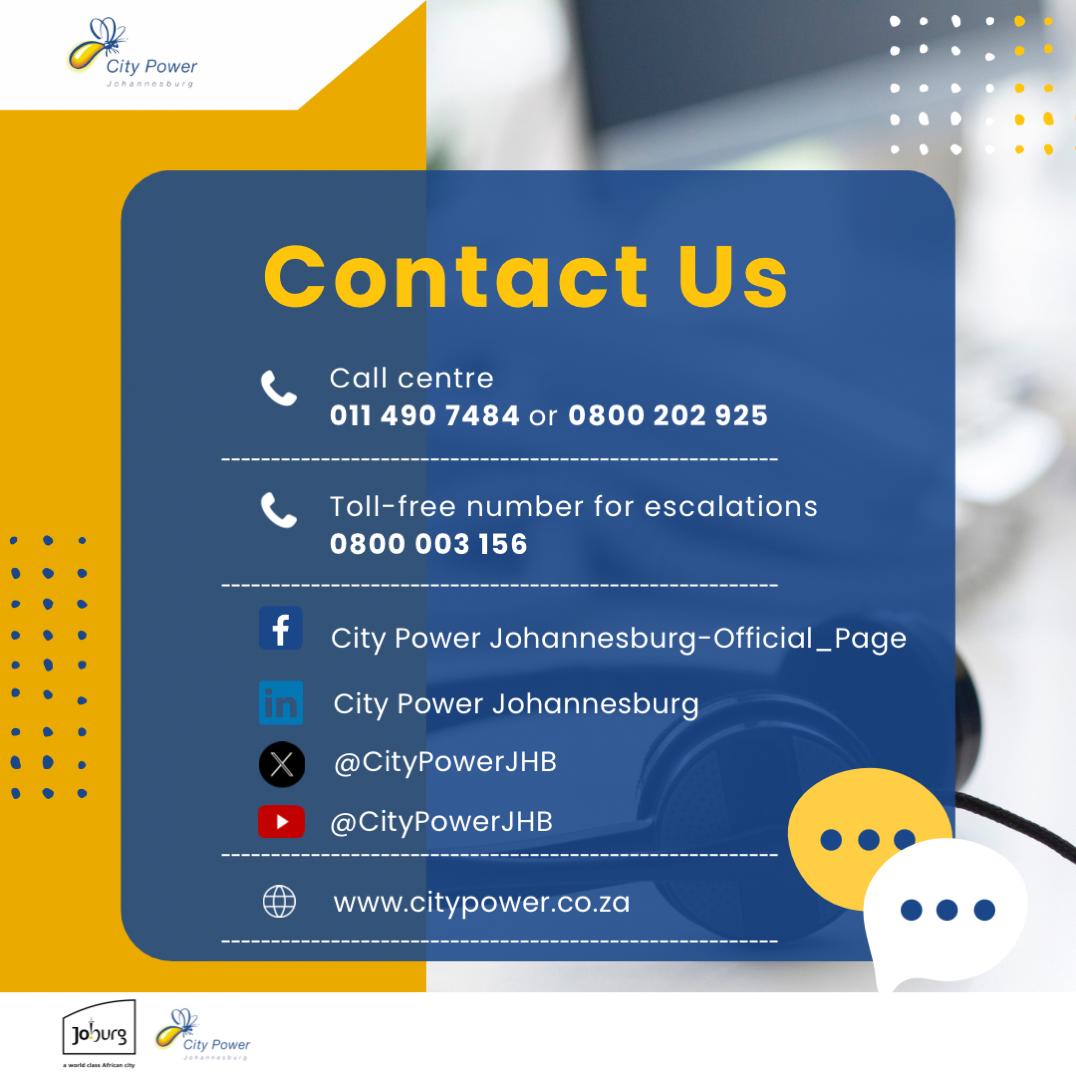For isolated calls, customers are encouraged to log calls on citypower.mobi or 011 490 7484. For updates/escalations of logged calls, please dial 0800 003 156. #JoburgUpdates #JoburgServices