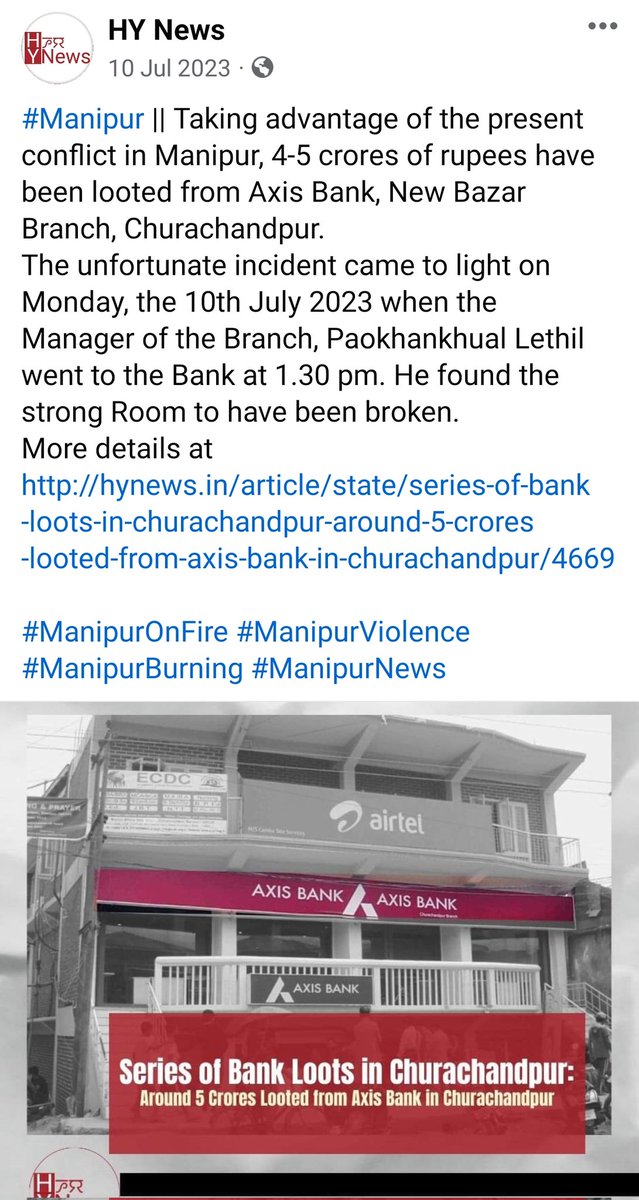 Kukis have looted money from SBI in Churachandpur. 

Earlier in July 2023, they have also looted money from Axis Bank in Churachandpur.

#Manipur