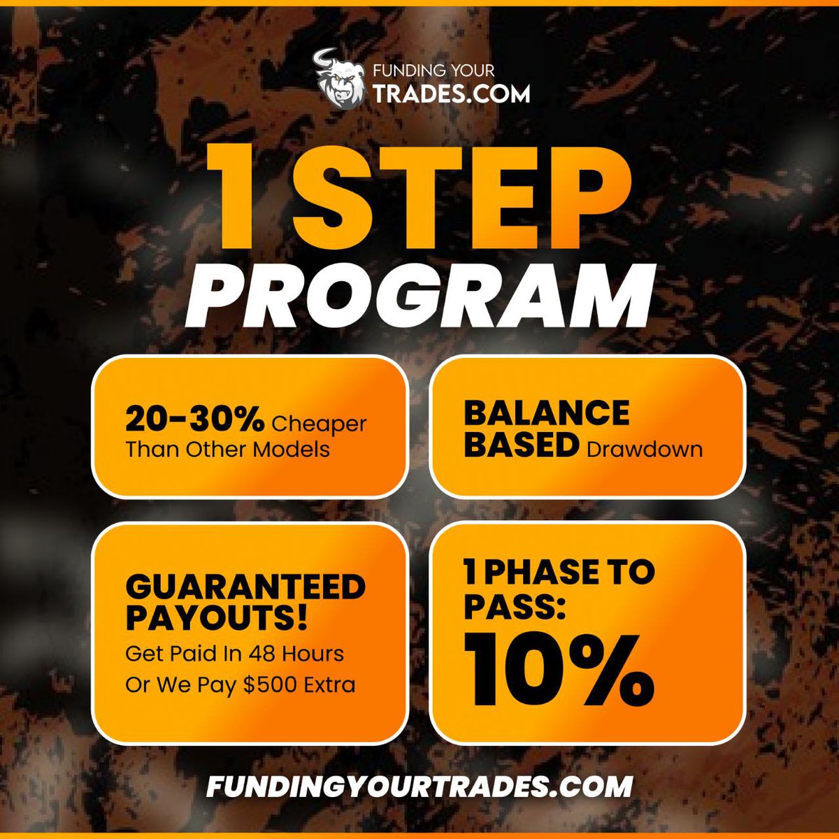 Elevate your trading with FundingYourTrades.com's 1-Step Program! Enjoy slashed rates, guaranteed payouts within 48 hours, and a safety net with our Balance-Based Drawdown system. Just pass one phase at 10% to start trading confidently. Visit us now for financial freedom!