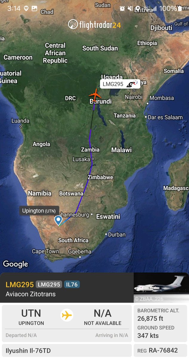 Aviacon Zitotrans IL-76TD RA-76842 #152C2A as LMG295 is en route to Goma from Upington again after being idle since 23 Apr.
@Dinlas3