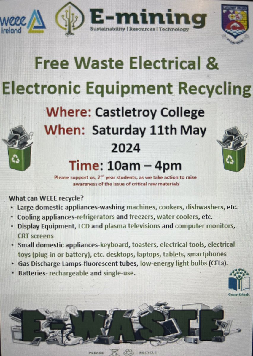 Castletroy College is running its annual electrical and electronic waste collection event on Saturday May 11th 2024 from 10am to 4pm in the school grounds. Eircode V946D85. @WEEEIreland @CastletroyC @LCETBSchools