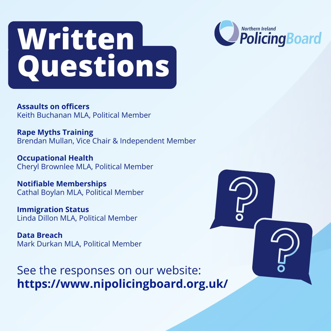 Written questions from Members and the answers from @PoliceServiceNI are now live on our website. See the range of topics below and read the answers here: nipolicingboard.org.uk/questions/type…