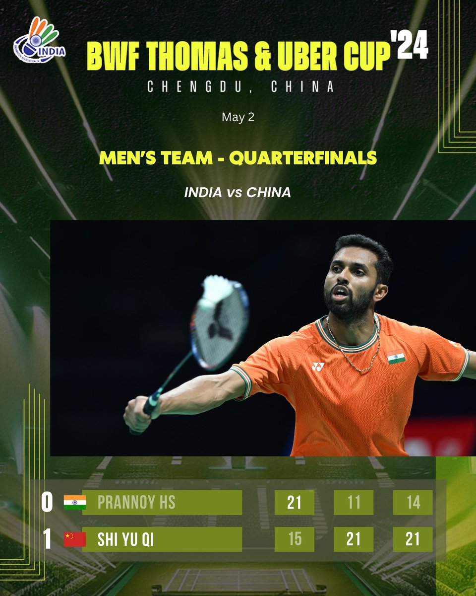 Prannoy put up a valiant fight but fell just short against home-favourite Shi Yu Qi. Well played champ 🙌 📸: @badmintonphoto #ThomasUberCupFinals #ThomasCup #TeamIndia #IndiaontheRise #Badminton