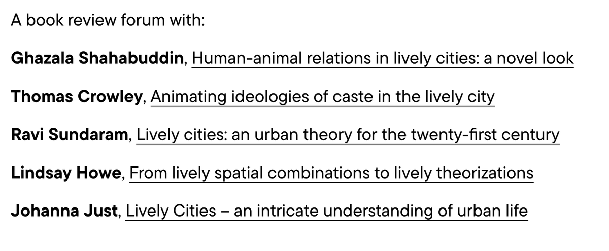 We have just published a new Book Review Forum coordinated by @nitin_bathla on @maanbarua's Lively Cities. You can also listen to the @political_urban podcast linked in the intro urbangeographyjournal.org/journal/book-r… @thatjulieren