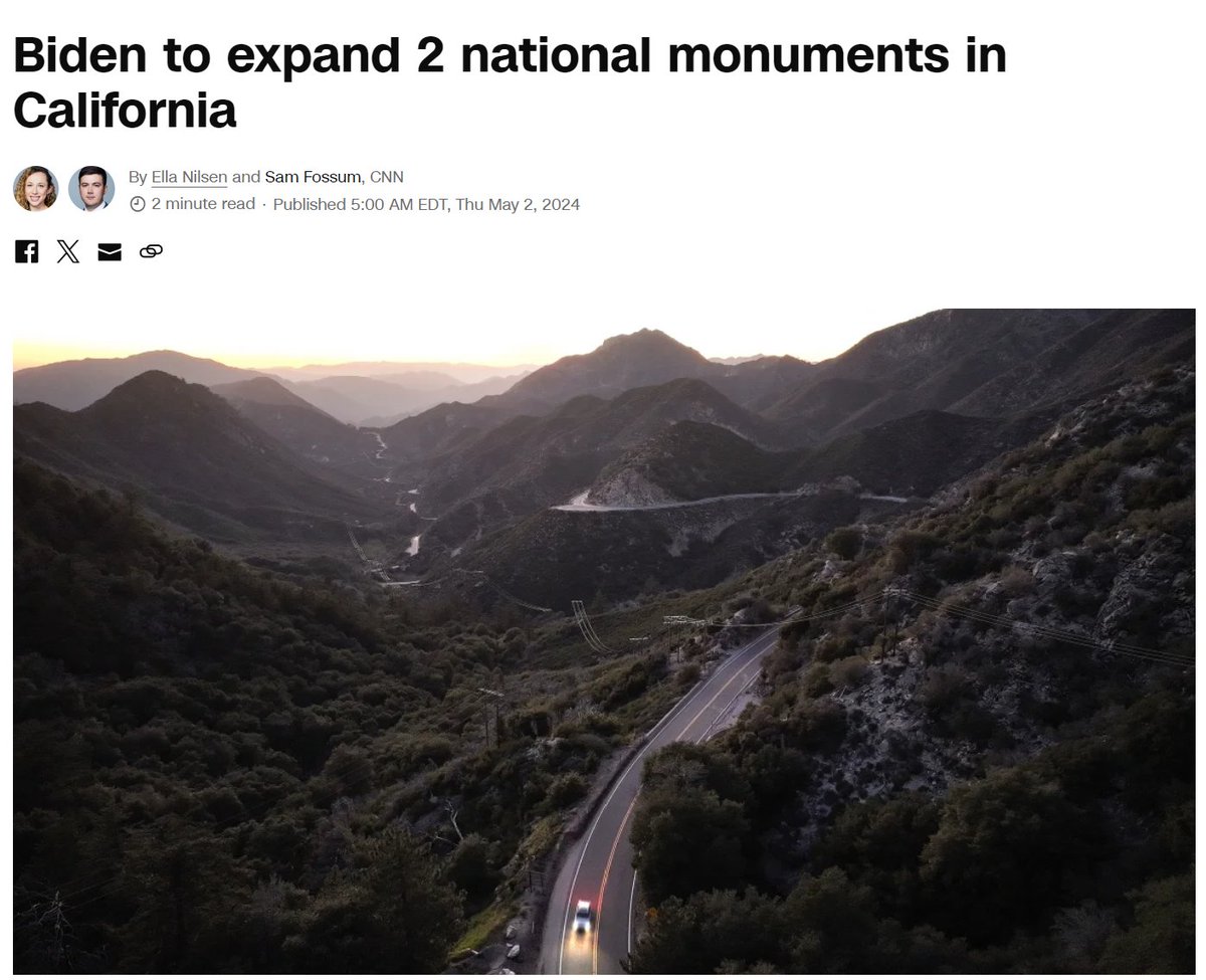(2) Land Conservation - 'President Joe Biden on Thursday will formally sign a proclamation expanding two national monuments in California and protecting nearly 120,000 acres of land, according to the White House.'