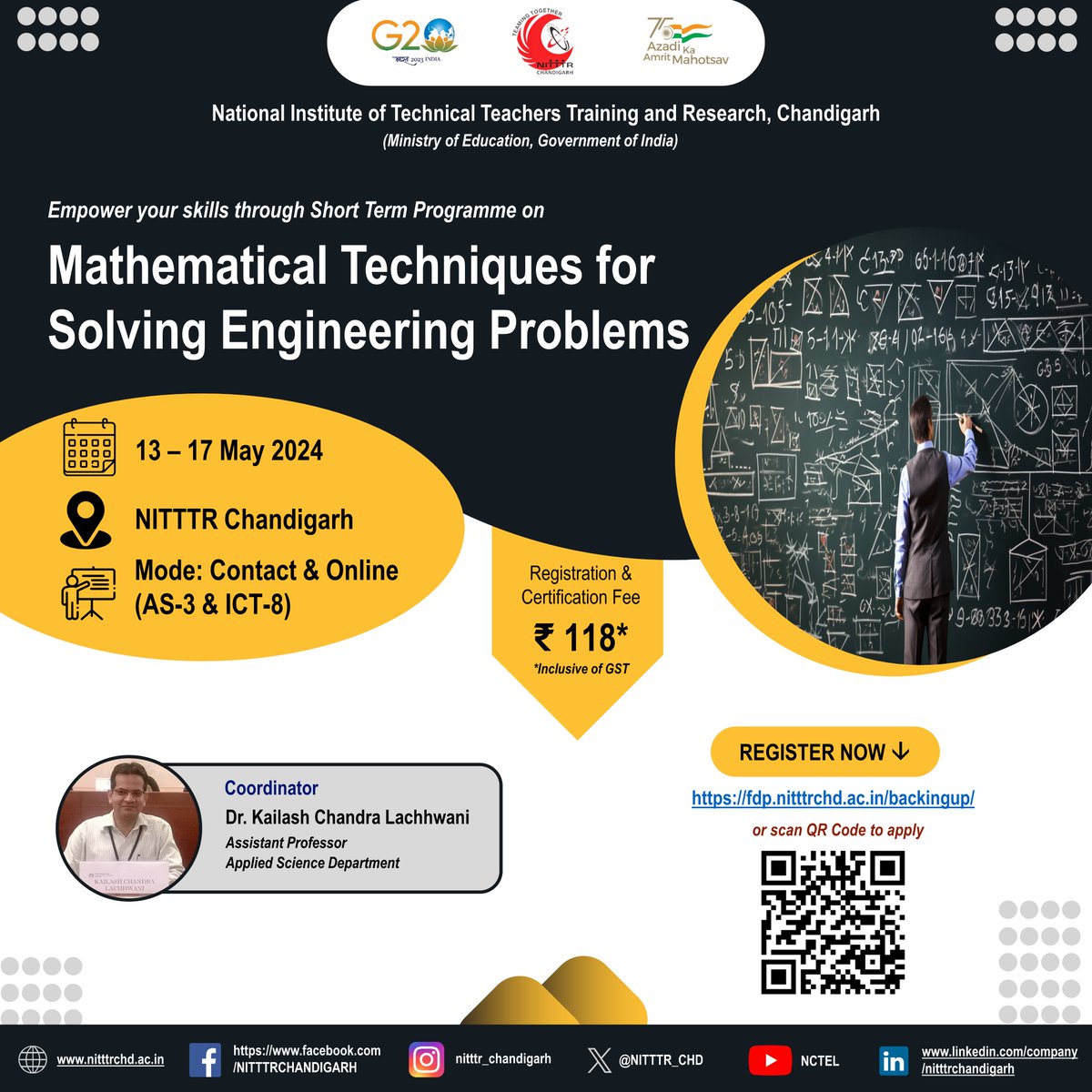 Join us for a 1 Week course on Mathematical Techniques for Solving Engineering Problems to be organized by the Applied Science Dept. from 13-17 May'24. Interested faculty & staff members may apply at fdp.nitttrchd.ac.in/backingup/ #nitttrchd #EngineeringProblems #MathematicalTechniques