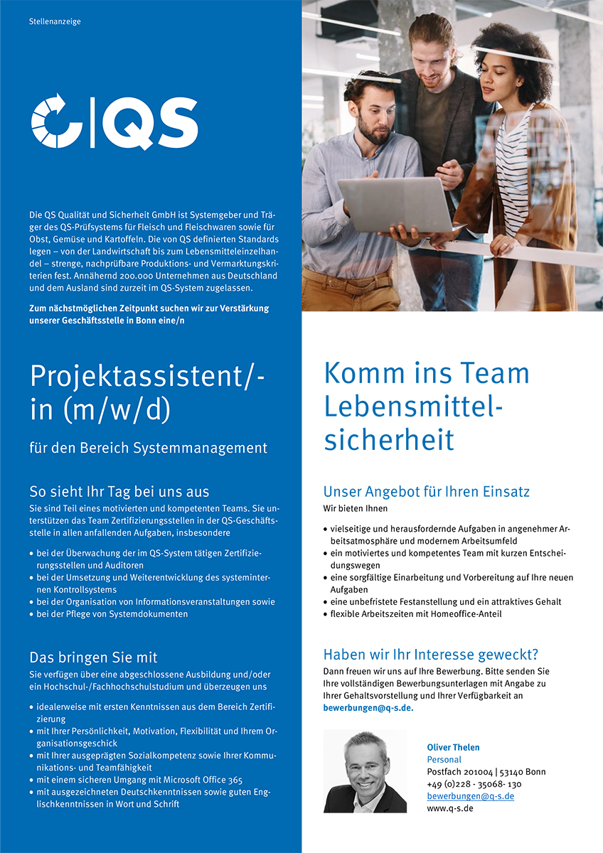 Sei dabei im Team #Lebensmittelsicherheit und bewirb Dich jetzt als #Projektassistent-in (m/w/d) im Bereich #Systemmanagement. Alle Details zu unserem Stellenangebot findest Du unter: lmy.de/EqLL #Jobs #Stellenangebote #Qualitätssicherung #Zertifizierung