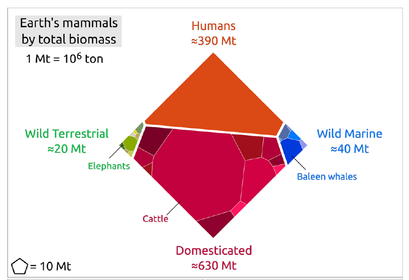 #EarthSystem/#Biosphere aggregates:

 '#Earth's #mammals by total #biomass'

Domesticated: 630 Mt
Humans: 390 Mt
Wild Terrestrial: 20 Mt
Wild Marine: 40 Mt
Dogs: 20 Mt

pnas.org/doi/10.1073/pn…