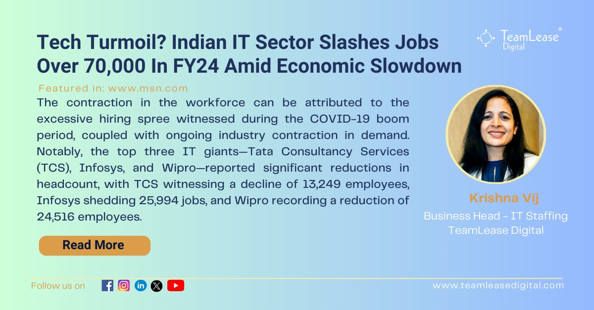 Krishna Vij, Business Head-IT Staffing, @TeamLeaseDGT got featured in  @MSFTnews to share her insights on job cuts in IT industry amid economic slowdown. 

Read more:bit.ly/3UIQXX0

#techindustry #itindustry #techjobs #itjobs #techhiring #techstaffing #staffing
