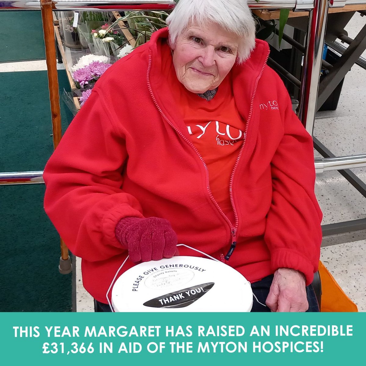 ⭐ A HUGE thank you to Margaret, one of our wonderful volunteers! ⭐ #SUAHour She's raised an incredible £31,366 for The Myton Hospices in the past year - Margaret, you're a superstar! Thank you so much to everyone who contributed to her bucket collections❤️