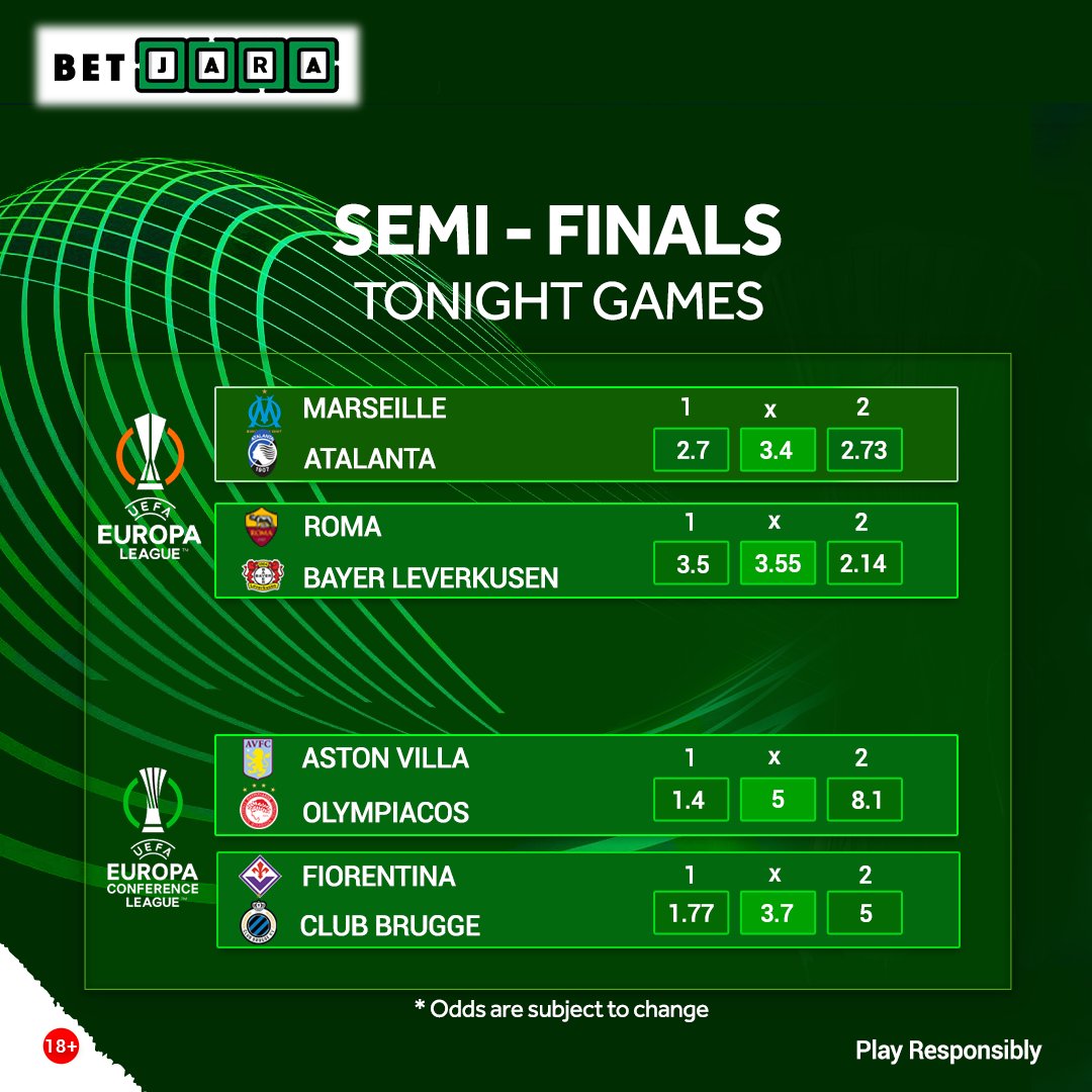 'A double dose of European football drama awaits! 🌟⚽️
Tonight, the UEFA Europa League and Europa Conference League semi-finals take center stage, promising intense battles and unforgettable moments.

Who will seize the opportunity to advance?

#UEL #ECLeague #FootballFever'