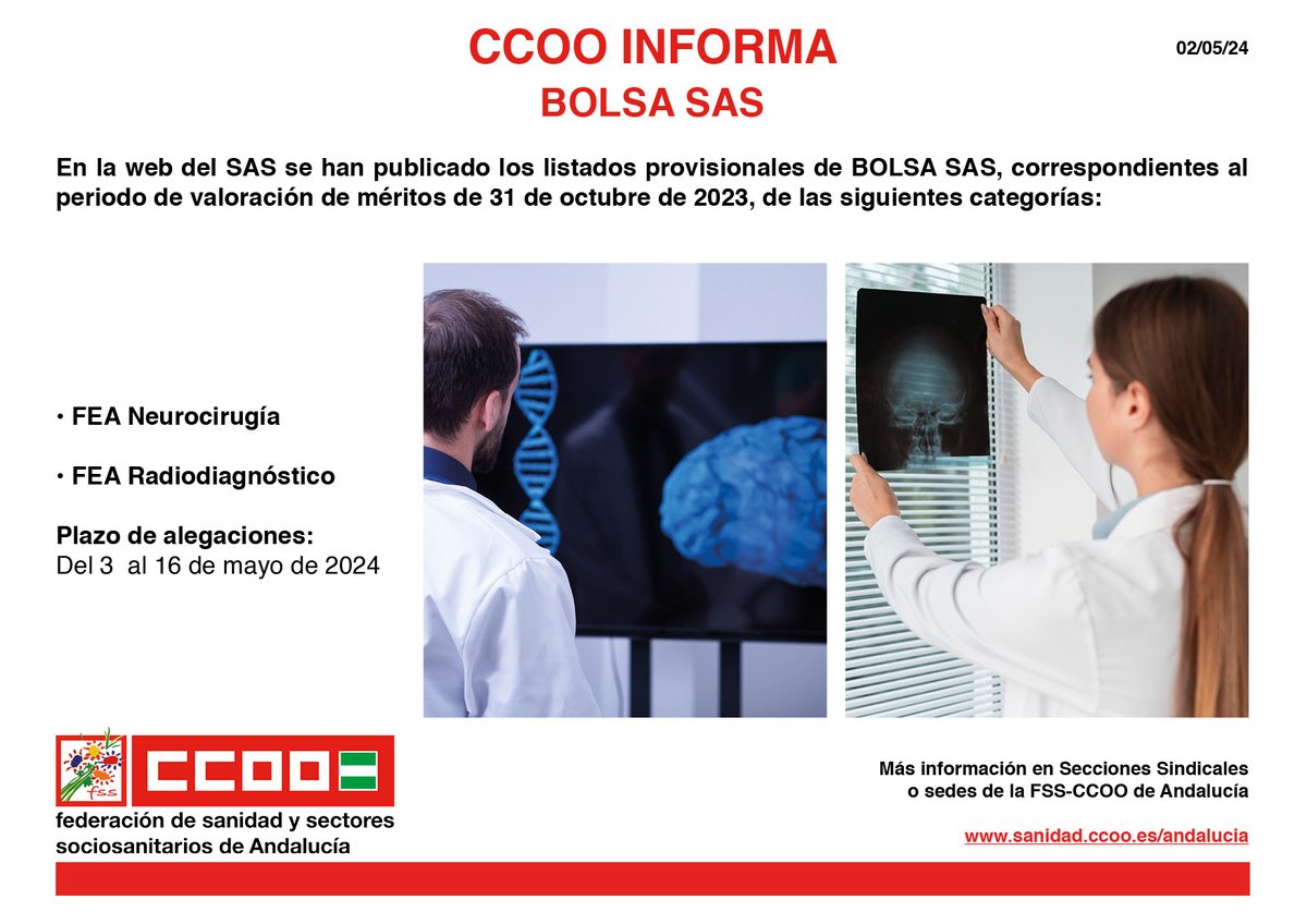 📌 CCOO Informa - Bolsa SAS 📑 Se han publicado los listados provisionales de Bolsa SAS en diferentes categorías 🗓 Se abre plazo de alegaciones #CCOOTuSolución