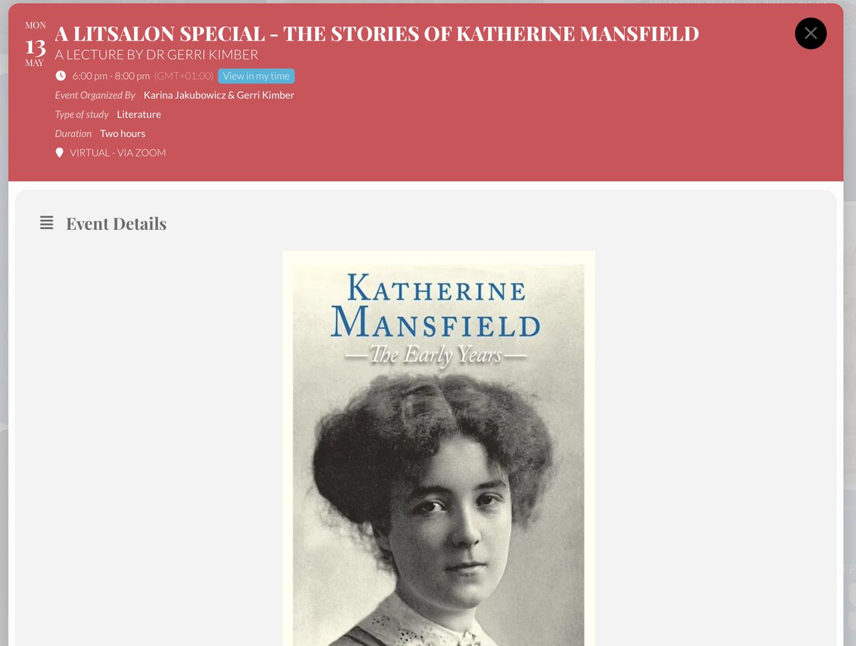 Coming up! A wonderful introduction to the work of Katherine Mansfield by the superb @GerriKimber on the 13th of May. Click below for the link to tickets: litsalon.co.uk/literature-stu…