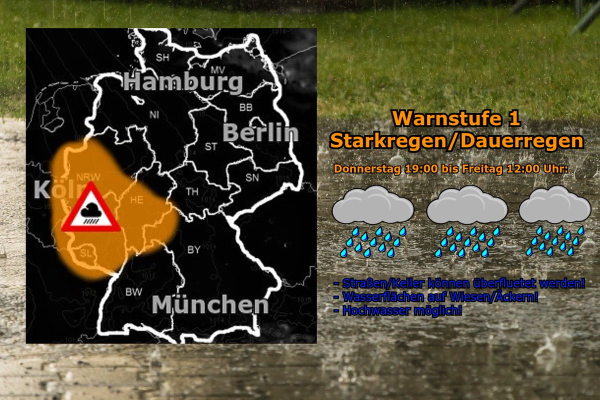 #Unwetter
Heute und in der Nacht zu Freitag können durch #Gewitter und Regen, im Süden von NRW und Nord-Rheinland-Pfalz/Hessen hohe #Regenmengen von 35-100 L fallen!
Es sind #Überflutungen und leichtes #Hochwasser möglich!
⚠️🟧🌧️