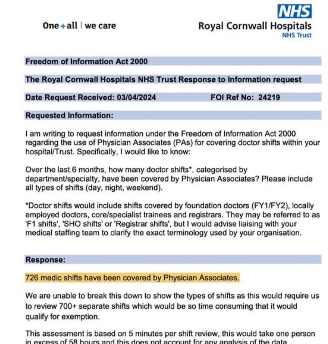 The question was about PAs covering “doctor’s shifts” it was specific. The reply was “726 medic shifts” It’s completely disingenuous for @RCHTWeCare to dismiss concerns on good faith interpretation on information they provided. PAs are not “expert” as well h/t @ollieburtonmed