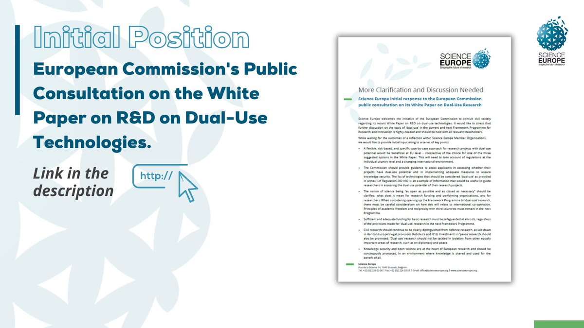 We've published an initial position in response to the @EU_Commission White Paper on R&D for Dual-Use Technologies, and welcome their public consultation as a vital step to allow dialogue among all stakeholders in #FP10 development. 🔗 scieur.org/dual-use-posit… 📰