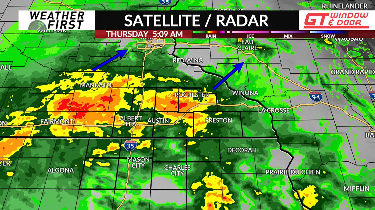 Rain, including heavier downpours, continues to overspread the area this morning. Rain will wind down this afternoon becoming more scattered. A thunderstorm is also possible. It'll be a cooler day with temperatures in the 50s and 60s. #mnwx #iawx