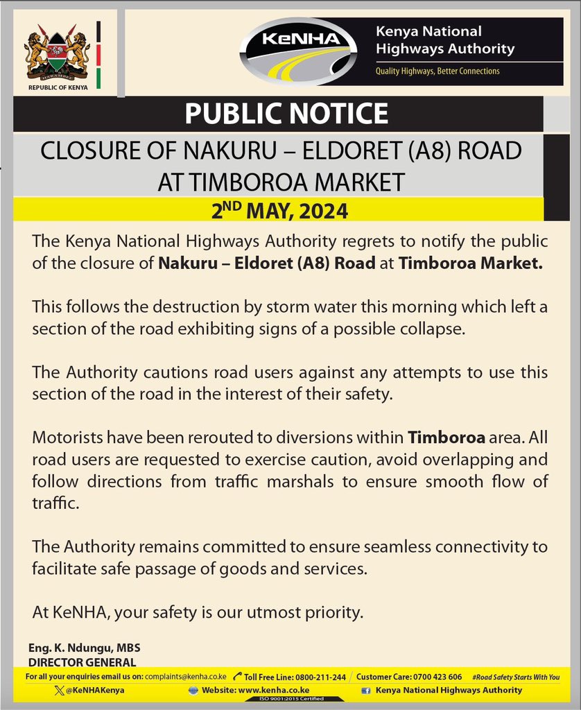 @KeNHAKenya closes Nakuru-Eldoret Road at Timboroa Market after it developed signs of possible collapse, urges motorists to use alternative routes. standardmedia.co.ke