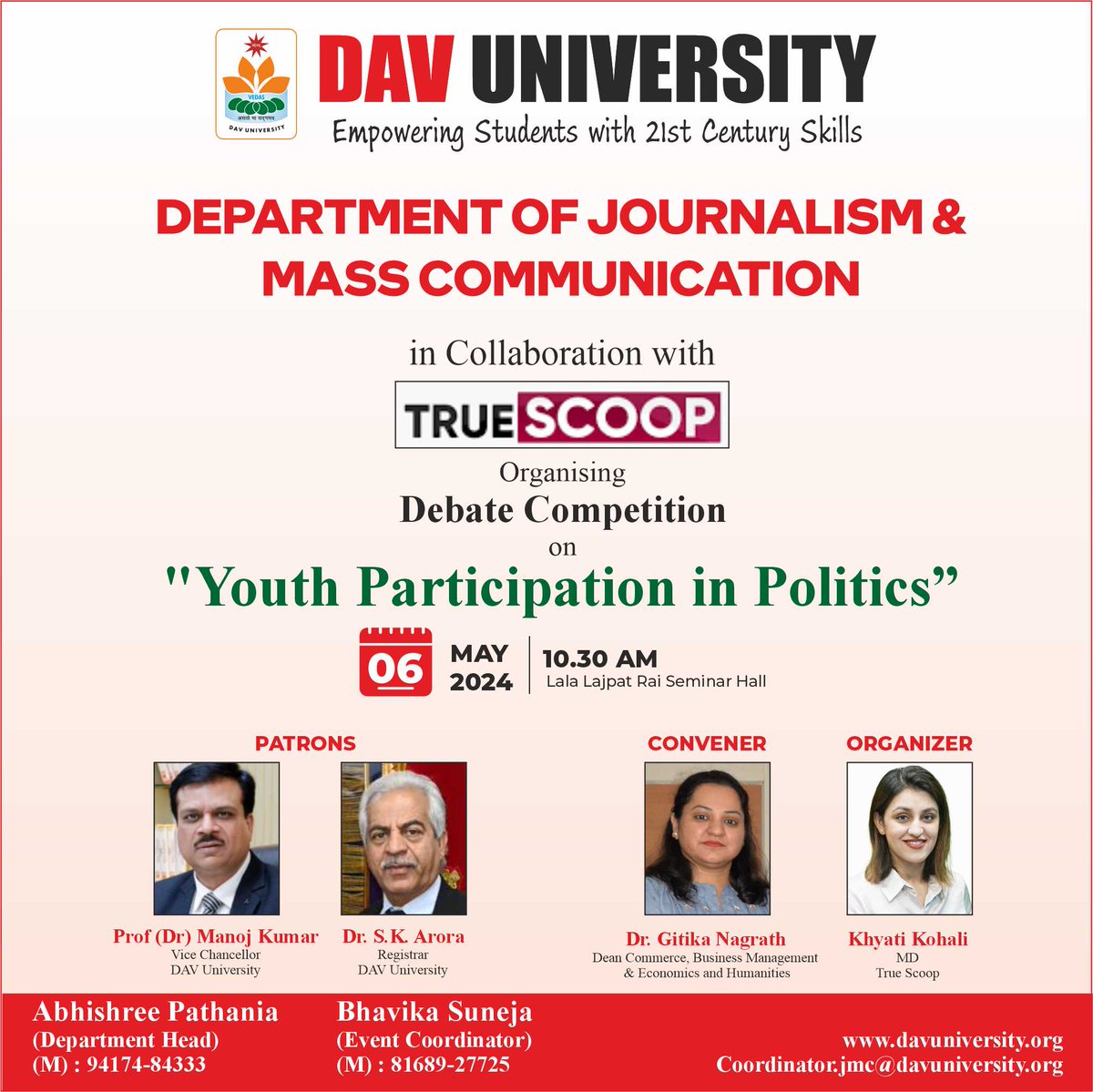 Join us at #DAV University #Jalandhar for a debate competition on "Youth Participation in Politics." Don't miss out on this opportunity to be part of the conversation. #YouthInPolitics #DebateCompetition #DAVUniversityJalandhar