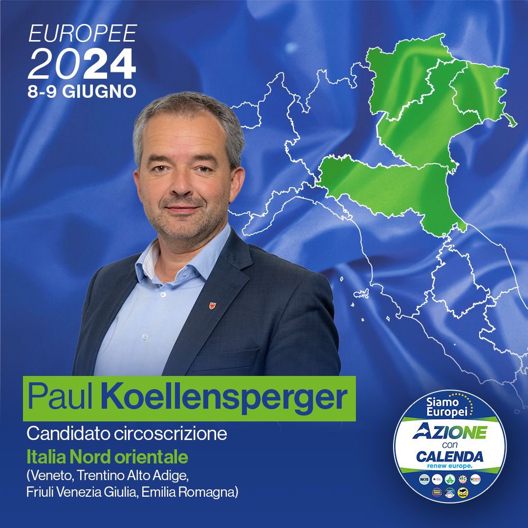 Azione (@azione_it) on Twitter photo Oggi vi presentiamo la candidatura alle elezioni europee di <a href="/xpaul/">Paul Koellensperger</a>, circoscrizione Italia Nord Orientale.
Paul è un capace imprenditore, prima nel mondo delle Web Agency poi nel settore delle startup tecnologiche e in quello dell'energia rinnovabile, dove è stato CEO di un Oggi vi presentiamo la candidatura alle elezioni europee di <a href="/xpaul/">Paul Koellensperger</a>, circoscrizione Italia Nord Orientale.
Paul è un capace imprenditore, prima nel mondo delle Web Agency poi nel settore delle startup tecnologiche e in quello dell'energia rinnovabile, dove è stato CEO di un
