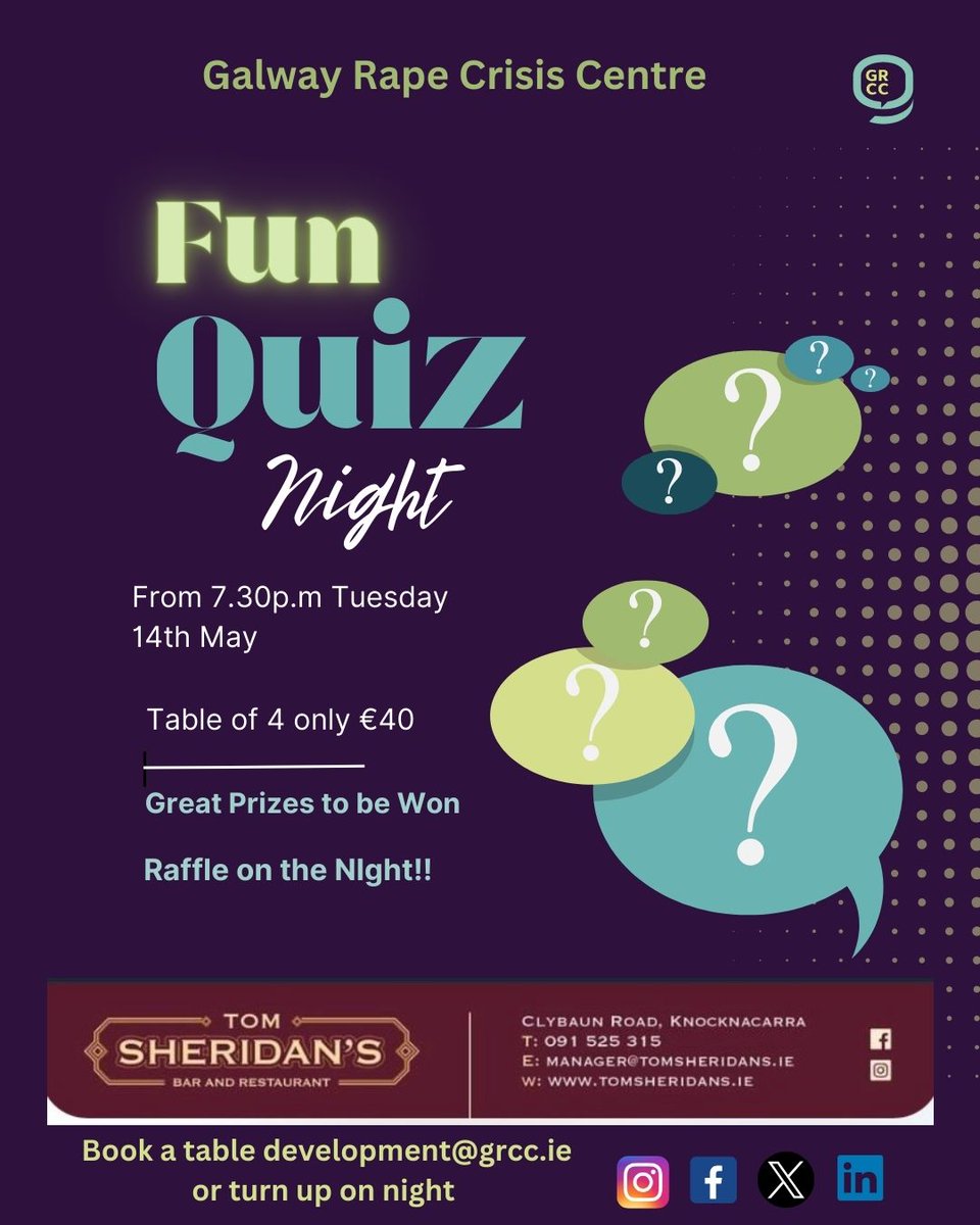 Much-loved MC, Kieran O'Malley, will be hosting a fundraising table quiz for the vital local charity @GalwayRCC on Tuesday 14th of May from 7.30pm in @tomsheridans Bar in Knocknacarra🙌💜 To reserve a table email development@grcc.ie