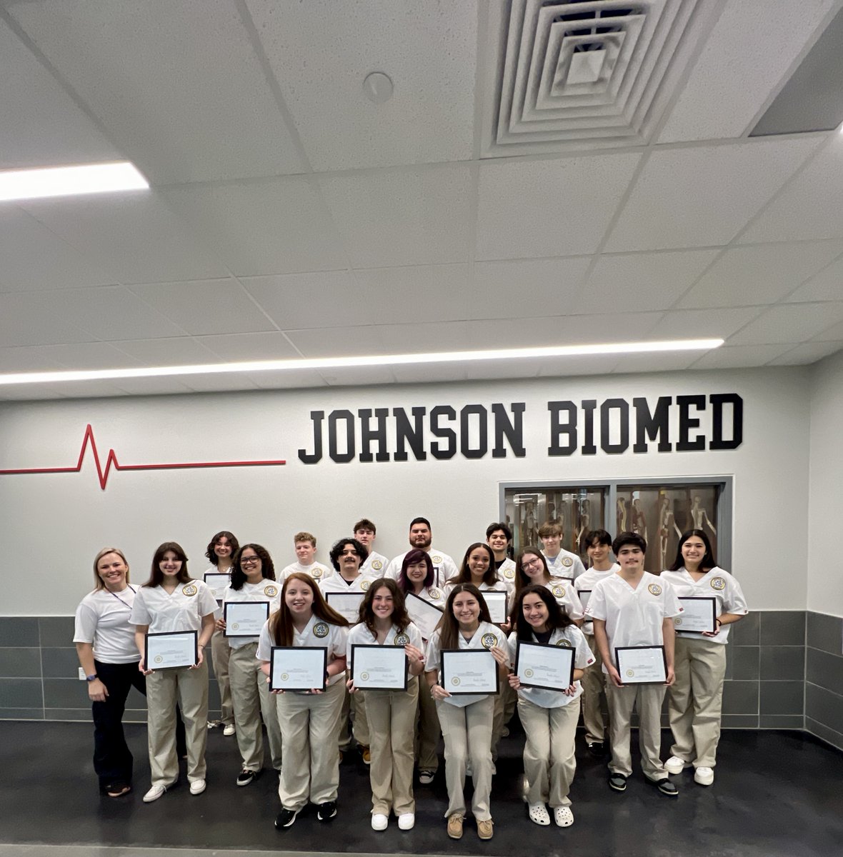 You are looking at the newest Certified Clinical Medical Assistants in Jenn Deschaine's #PLTW Biomedical Innovations class at Johnson HS! All their hard work paid off and we now have 21 #careerready seniors. This is the most in school history.  Congratulations, Jaguars!