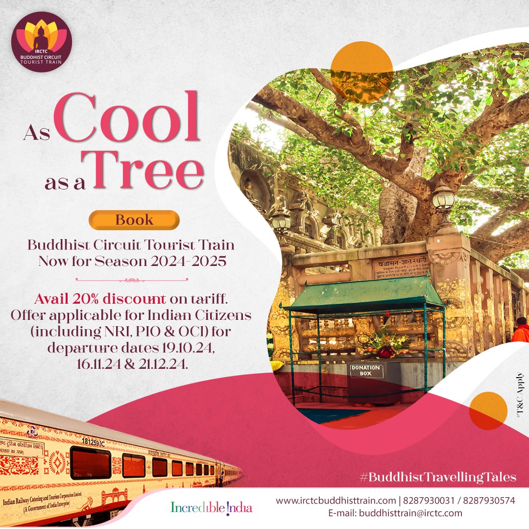 Let the cool breeze under the shade of the Bodhi Tree blow your worldly worries with it. Click on irctcbuddhisttrain.com to book a journey aboard the #BuddhistCircuitTouristTrain. #BuddhistTravellingTales #buddhistcircuit #incredibleindia #temple #buddhastatue