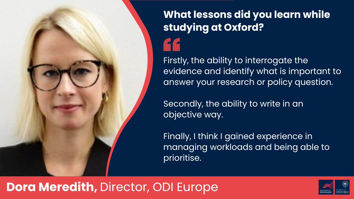 Alum @Dora_Meredith finished her MSc in Sociology in 2012 🎓 She is now Director of global affairs think tank @ODI_Europe 🌍 Read more about her experiences since leaving Oxford ➡️ sociology.ox.ac.uk/article/alumni…