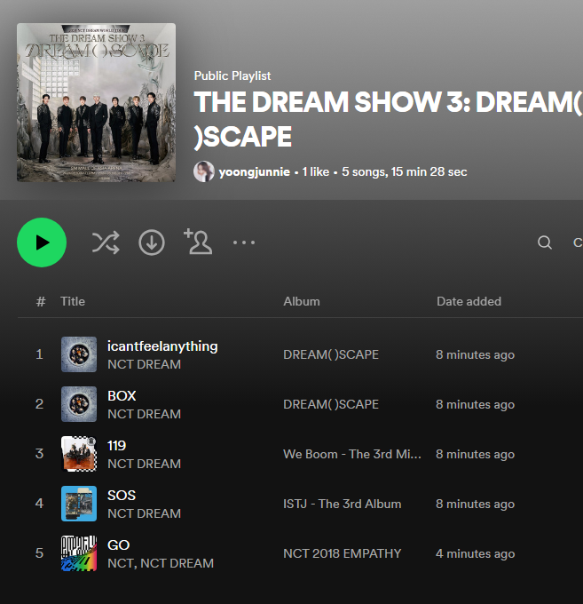 🎵 SETLIST #NCTDREAM_THEDREAMSHOW3
 🐯🦊🐶🐻🐰🐬🐹💚

Spotify Playlist
🔗open.spotify.com/playlist/4tLcx…

VCR - icantfeelanything
Box
119
SOS
Go
--TALK--

NCT DREAM TDS3 SEOUL DAY1
#TDS3inSEOUL_DAY1
#THEDREAMSHOW3_in_SEOUL