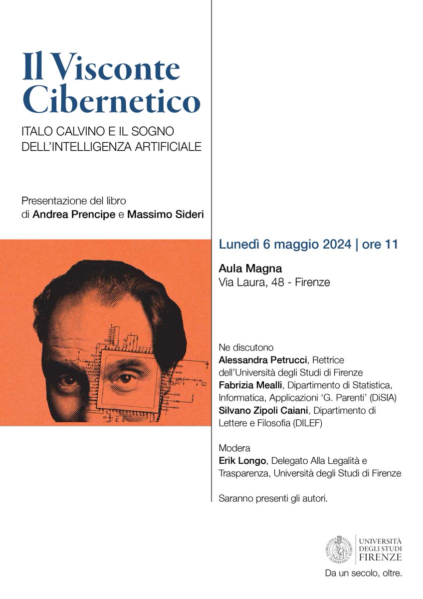 Italo Calvino e l’intelligenza artificiale Se ne parla alla presentazione del libro “Il visconte cibernetico” di @ProfPrencipe e @massimosideri, alla presenza degli autori, con @_alexpetrucci @fabri_mealli @ZipoliCaiani @eriklongo 🗓️6/05 h 11 📍via Laura u.garr.it/McjuY