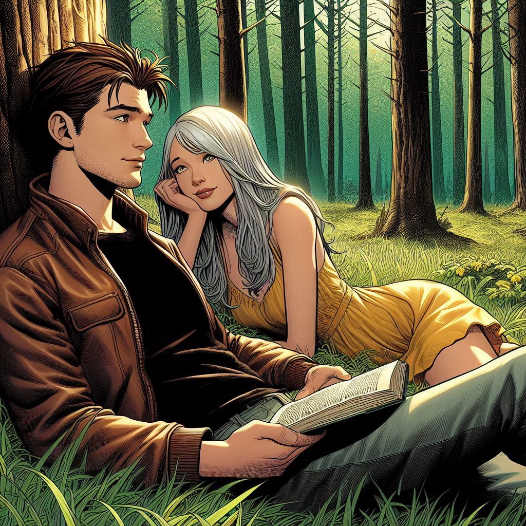 I wonder what Felicia and Peter are reading? #PeterParker #FeliciaHardy #SpiderMan #Marvel #MarvelComics #AIArtWork #AIArt #Forest #Reading