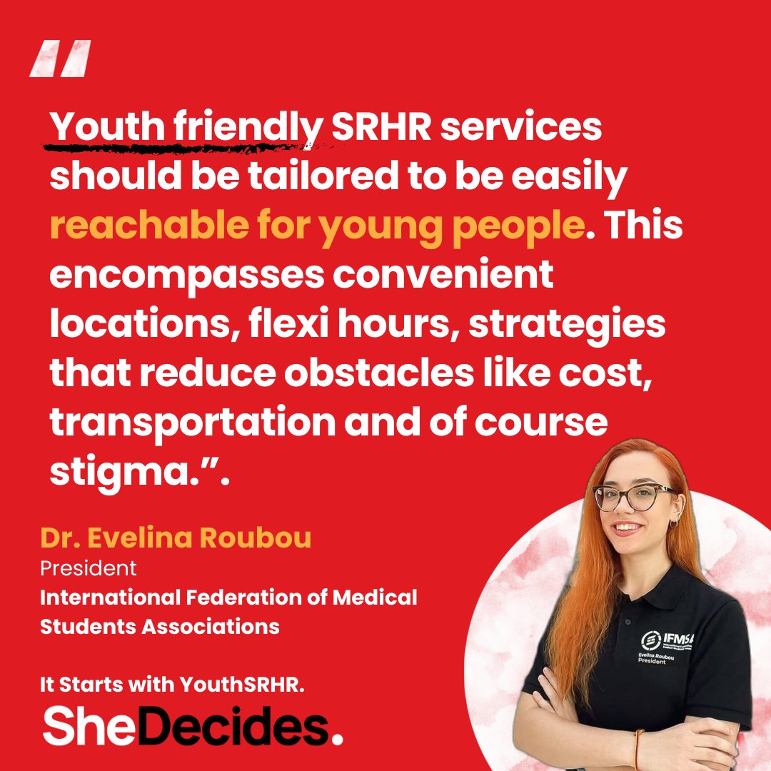 #YouthSRHRStartsWith inclusive, youth-friendly SRHR services. This includes removing the barriers that prevent young people & adolescents from accessing #health services, like:

> out of pocket expenses
> third party consent
> inconvenient hours
> stigma

@IFMSA #YouthDecides