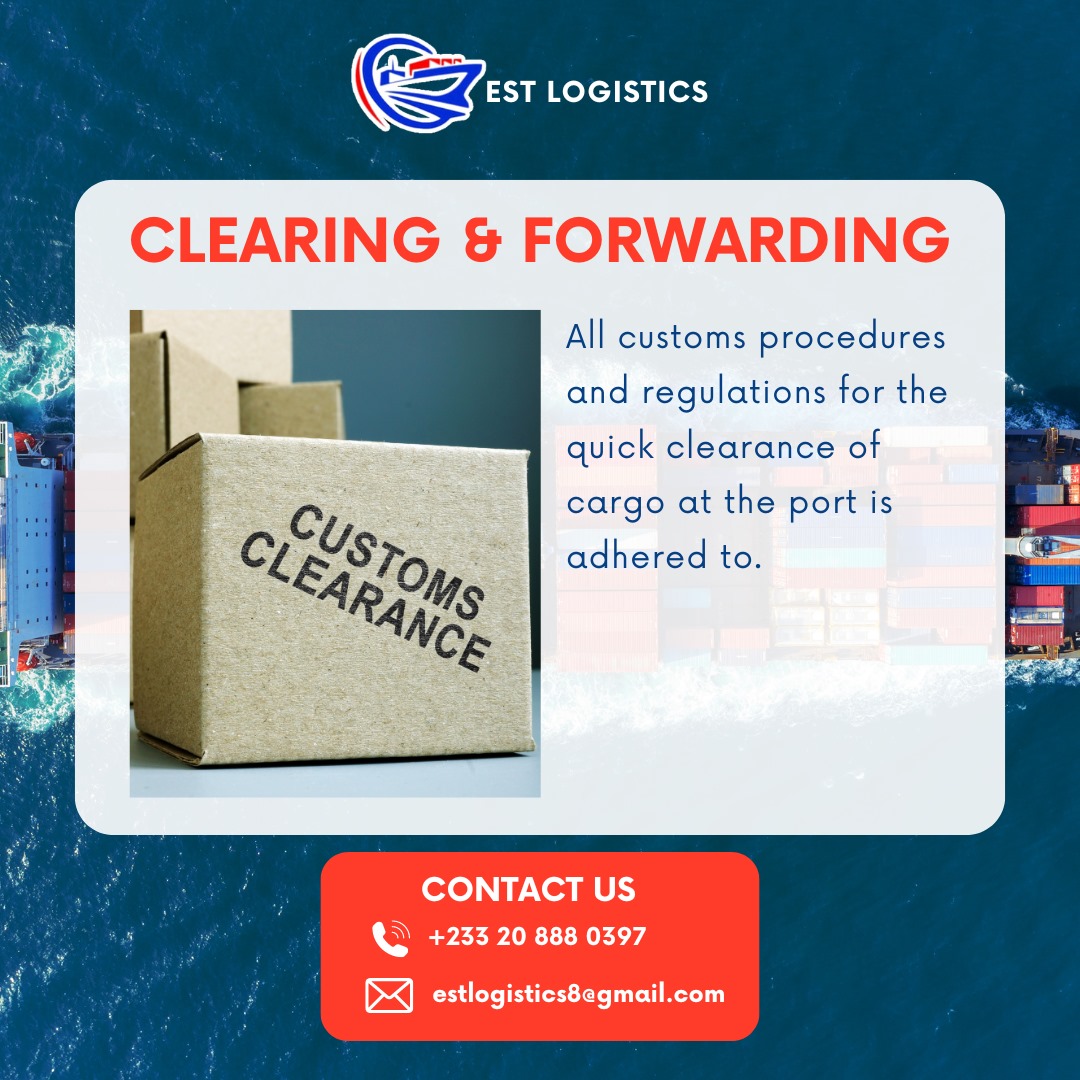 Don't get stuck at customs! EST Logistics handles the paperwork so your cargo sails free.Focus on your business, we'll handle the customs hassle. Get a free quote today! 

#CustomsClearance #GhanaShipping  #clearingandforwarding #shippingconsultancy #haulageservices