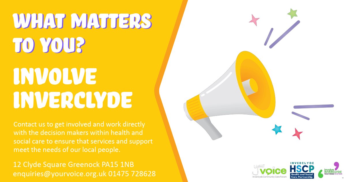 What matters to you? By joining the Involve Inverclyde Network, you can work with decision makers to work with decision makers to ensure services and support meet the needs of local people. Get in touch enquiries@yourvoice.org.uk yourvoice.org.uk/involve-inverc…